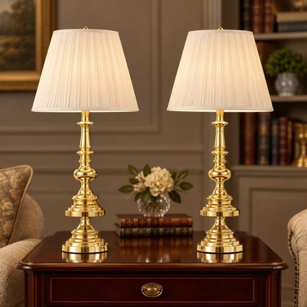 Stiffel Twin Pack Brass Table Lamps Satin/Polished Brass, Shade, 28.5" 770-2744